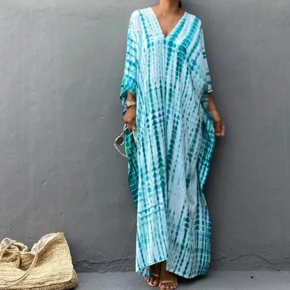 SOLD OUT Teal Boho Tie Dye Kaftan Kimono Coverup Dress - Picture 5 of 5
